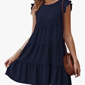 Kirundo Babydoll Navy Blue Ruffle Sleeve Tiered Mini Tent Dress XLarge Trapeze